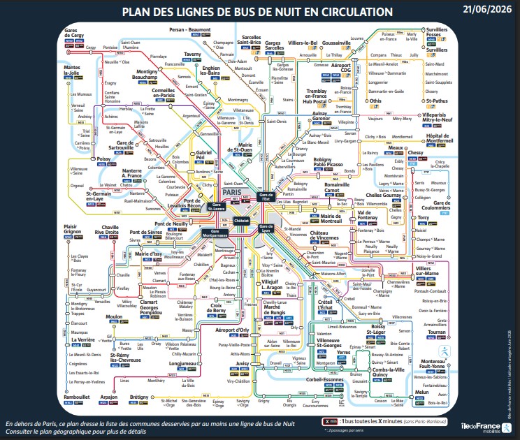 Cartographie du plan de transport prévu pour la nuit du 21 au 22 juin 2026 sur le réseau de bus Noctilien d'Île-de-France