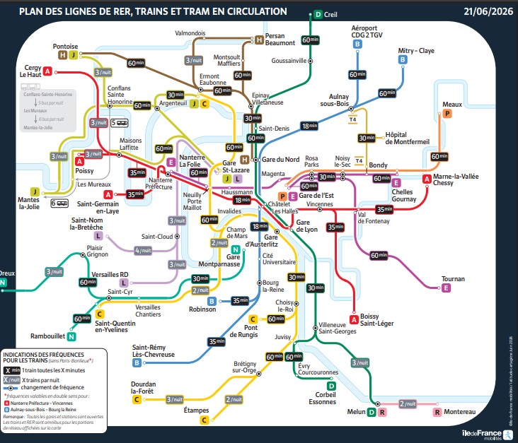 Cartographie du plan de transport prévu pour la nuit du 21 au 22 juin 2026 sur le réseau RER, train et tramway d'Île-de-France