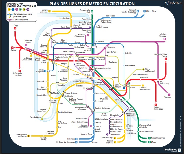 Cartographie du plan de transport prévu pour la nuit du 21 au 22 juin 2026 sur le réseau métro parisien