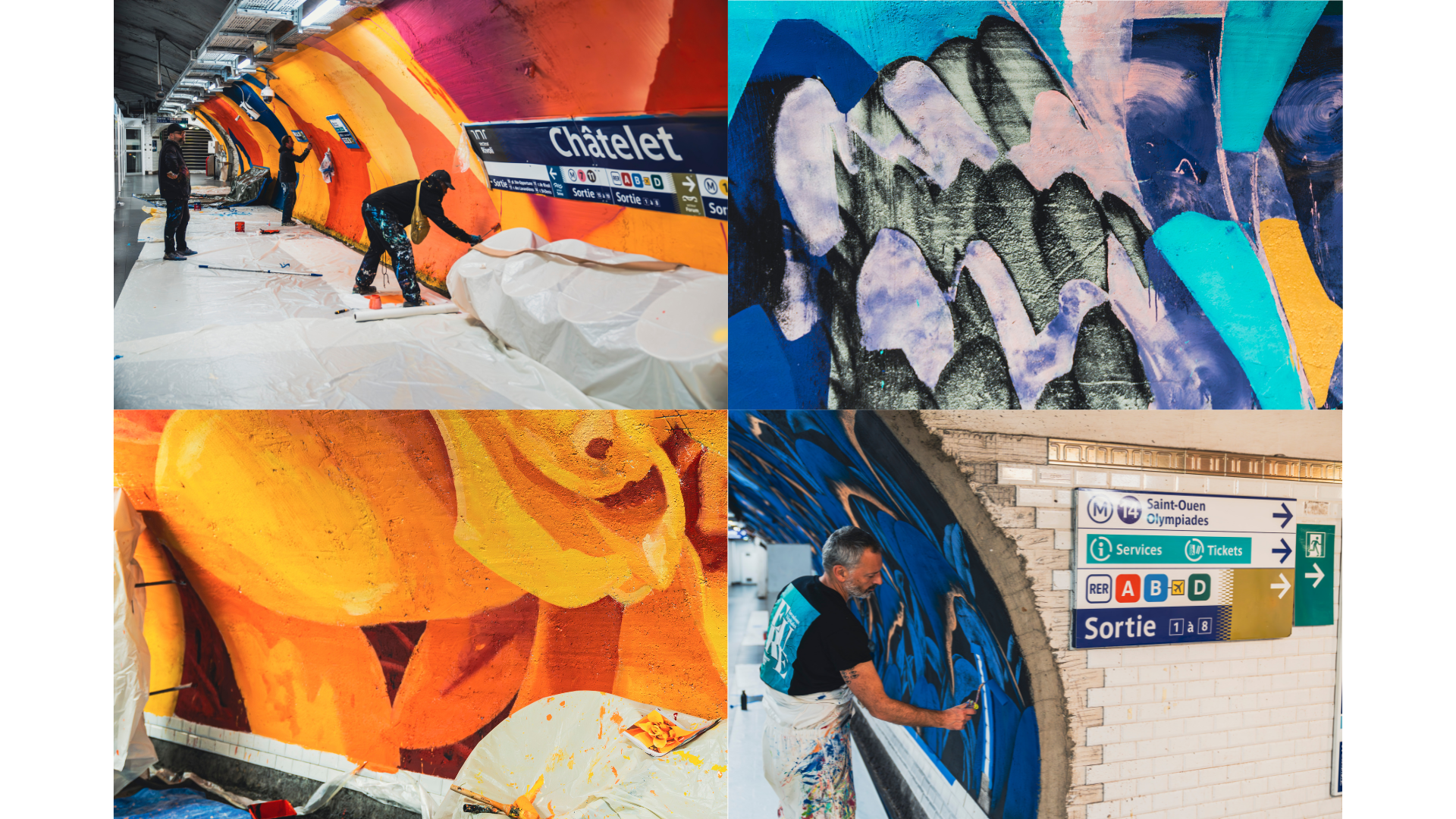 Châtelet Ligne 4 - Peinture des murs de la station par les quatre artistes